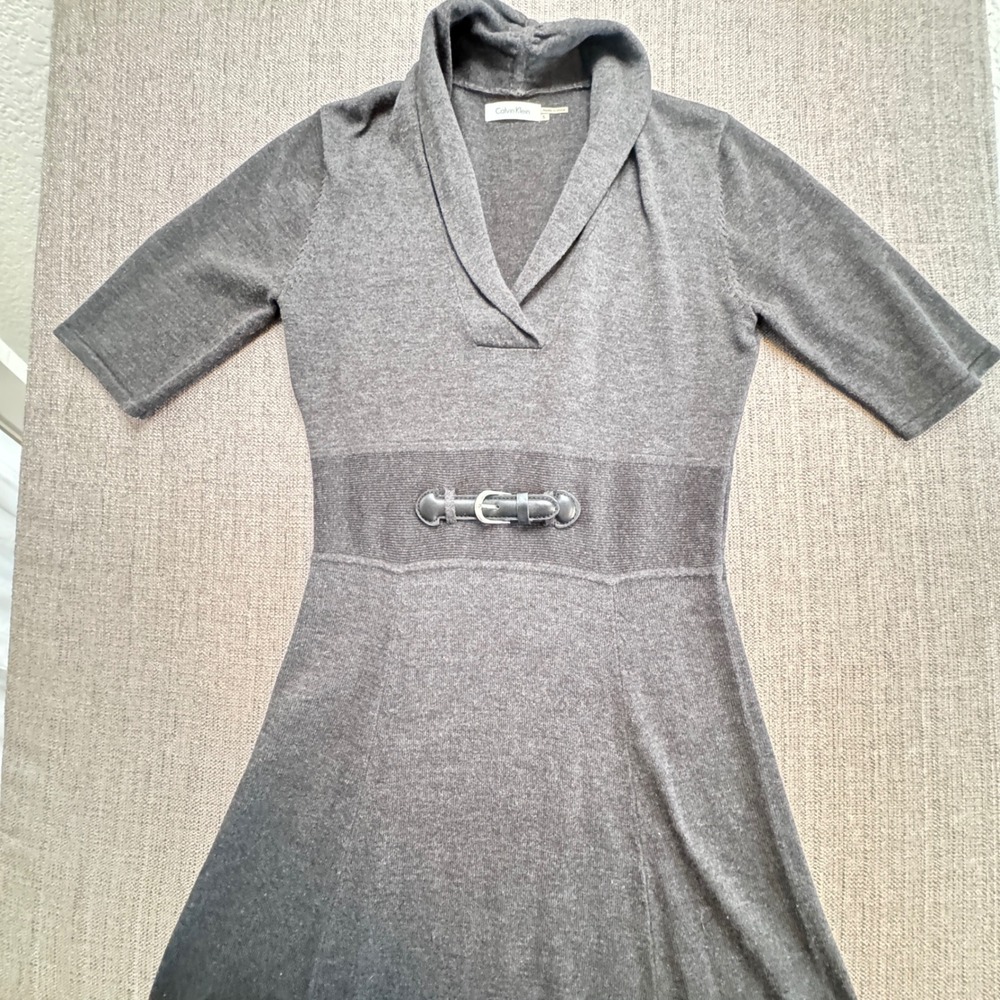 Calvin Klein Womens Gray Shawl Collar Knit Buckle Waist Sweater Dress S